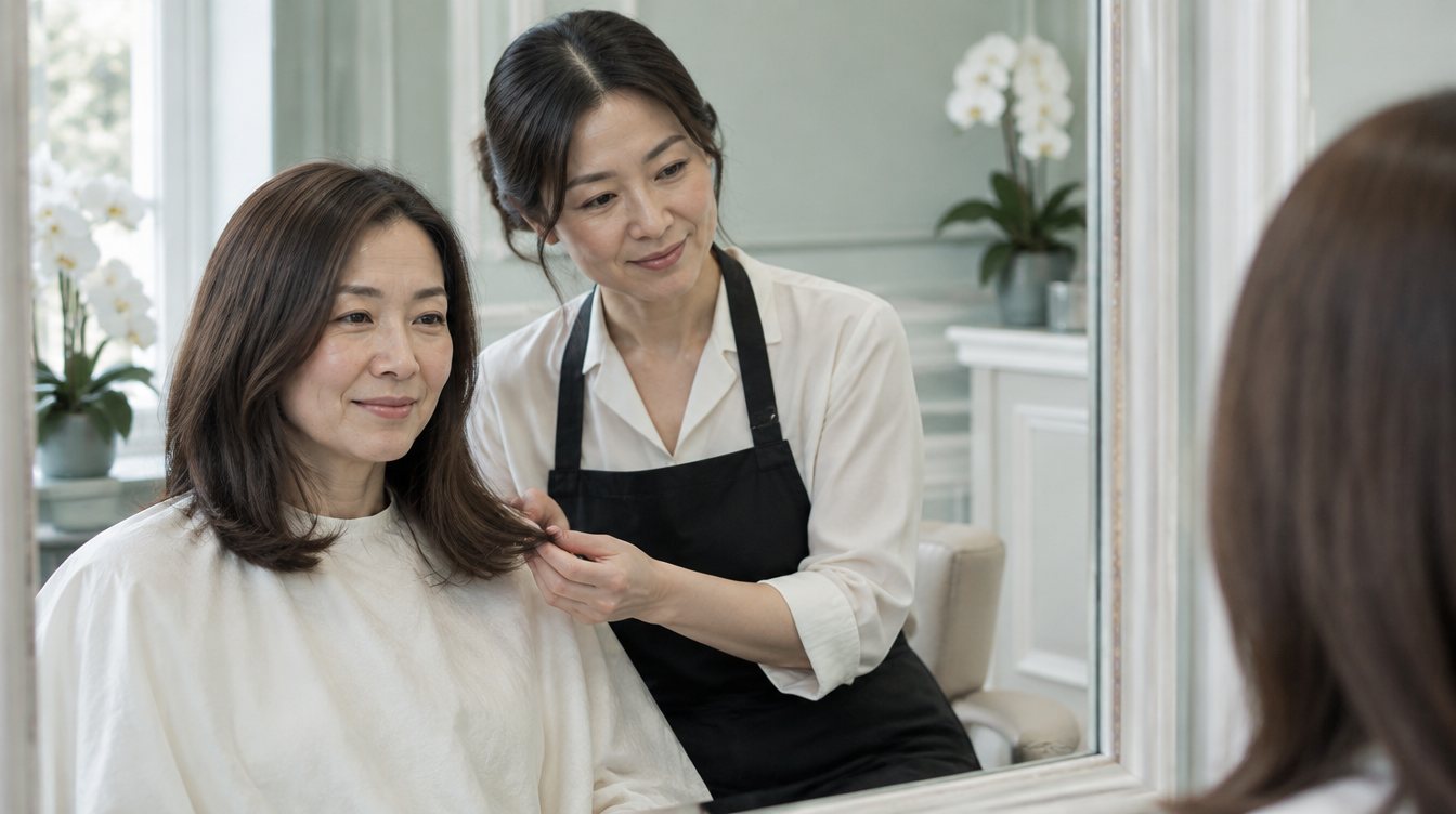 鏡の前で、お客様と髪の状態を一緒に確認するスタイリスト